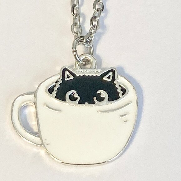 Black Cat Charm Pendant Necklace 18" Chain Enamel Coffee Cup Halloween Cat Lady - Picture 5 of 7